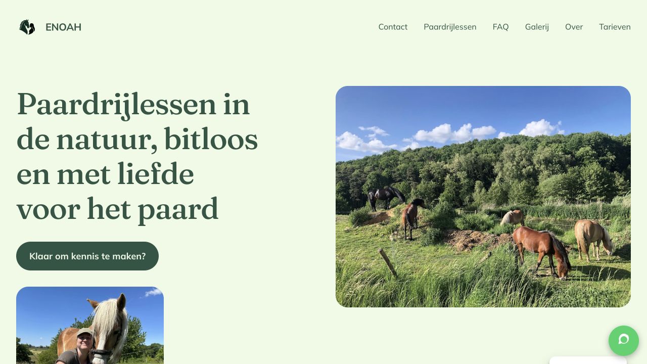 Homepage van Enoah.be met een rustige groene vormgeving, paarden in de natuur en de titel Paardrijlessen in de natuur